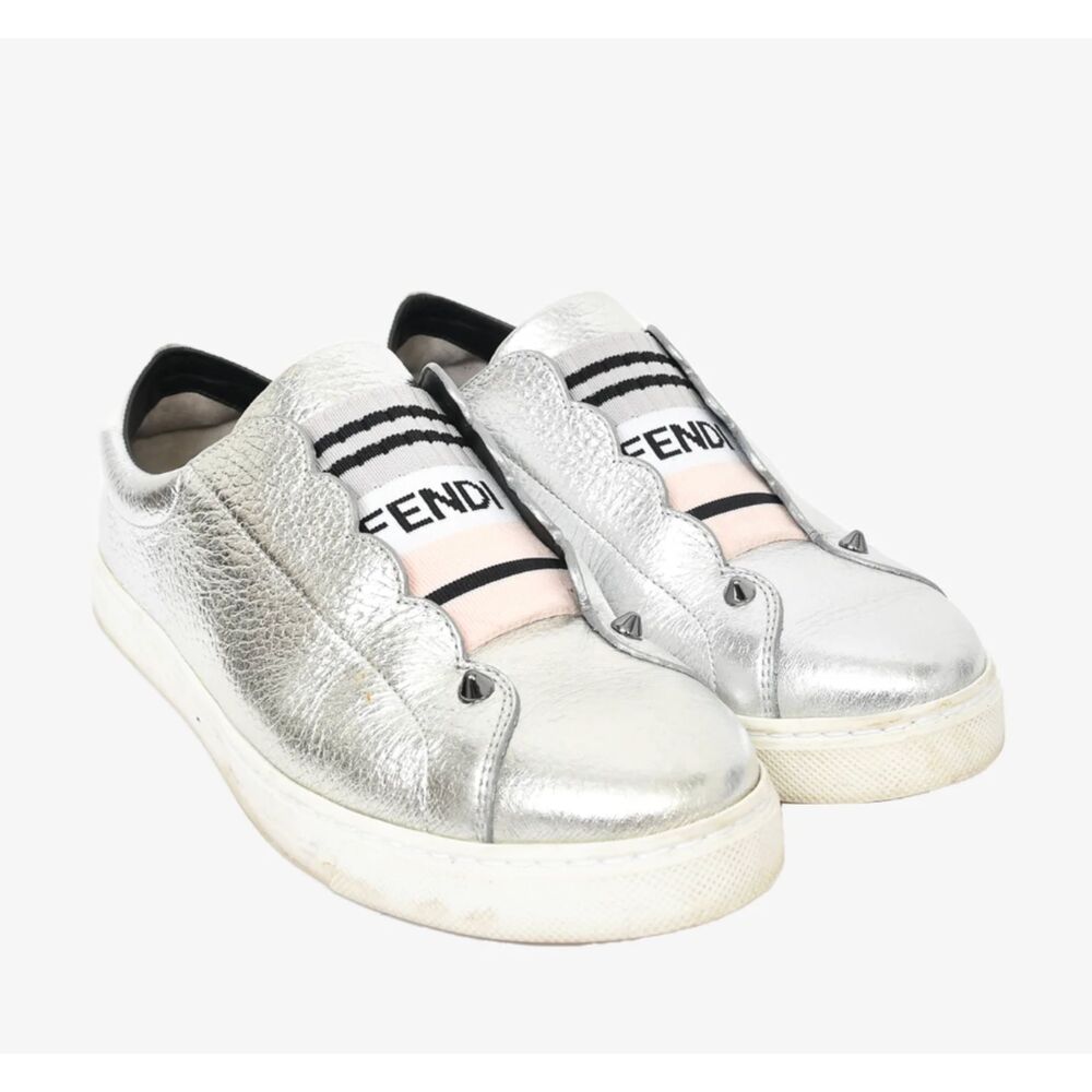 Fendi Metallic Vitello Lurex Leather Slip-On Sneakers Authentic Silver Sz. 37.5